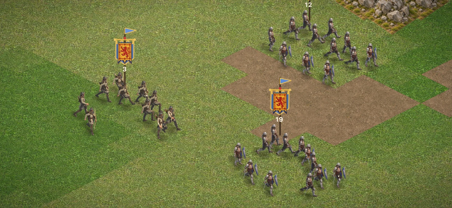 Companies of soldiers marching under the blue Lion Rampant banner