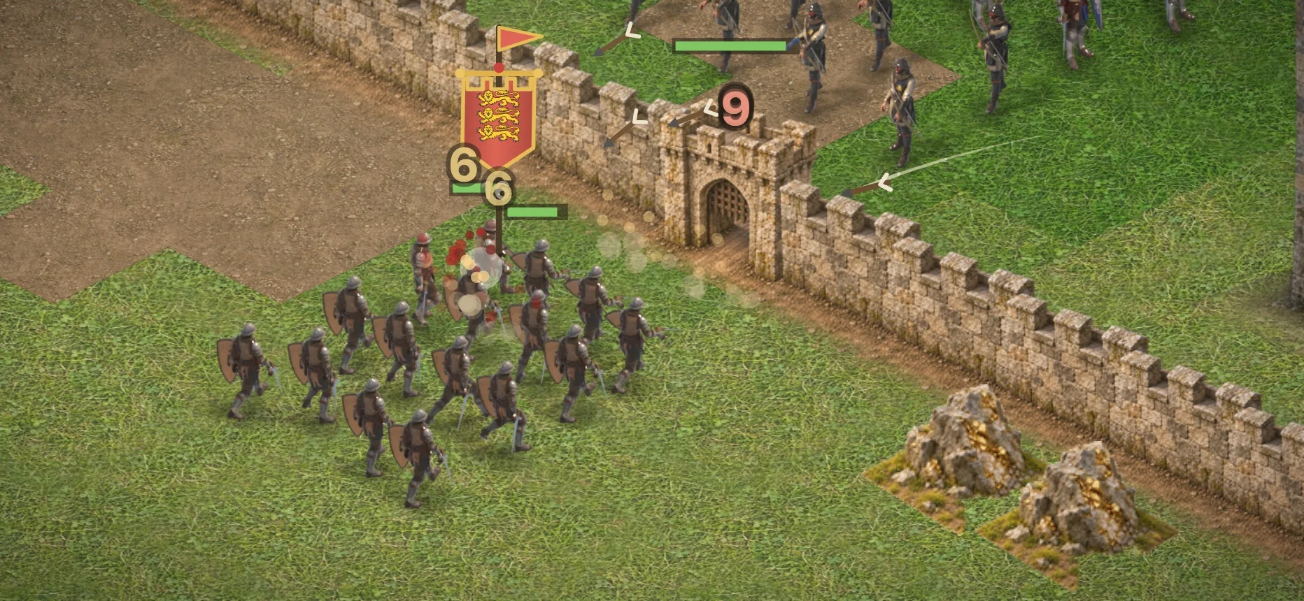 English soldiers storming a stone wall and gatehouse