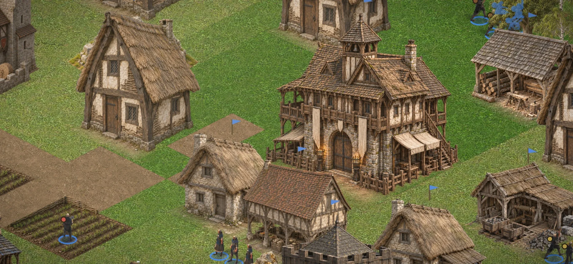 A village of timber houses, a mill and farms around the Town Center